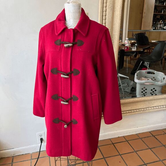VTG Talbots Red Wool Duffle Coat Horn Toggle Jacket Lined Size M - Picture 2 of 10